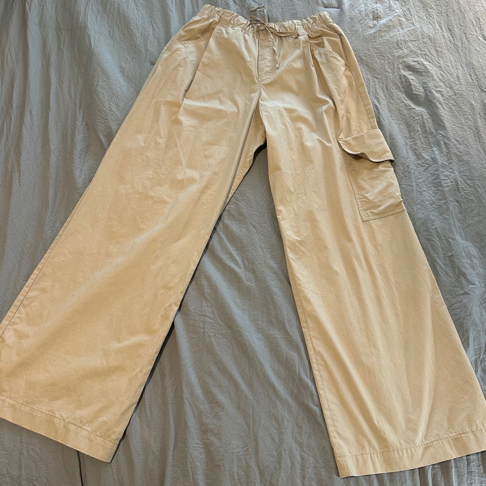 Zara Women‎ XS Sand Beige High Waisted Wide Leg Cargo Pants Drawstring Utility